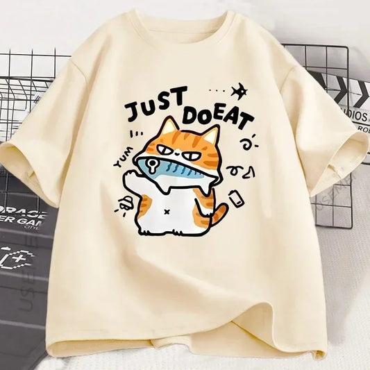 Funny Cat Eat Fish T-shirt for Women Summer Tops Tshirts O-neck Women Clothing Streetwear Short Sleeve Fashion Street Clothes