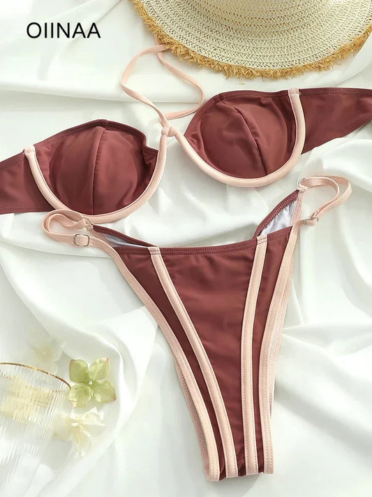 OIINAA Bathing Suit Women Sexy Solid Bikini Set Halter Leopard Printed Swimwear Patchwork Lace Up Two-pieces New Thong Beachwear