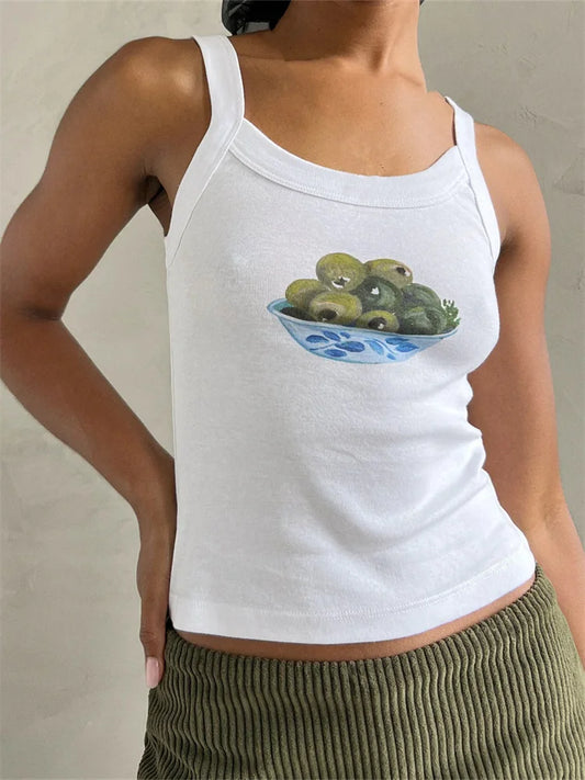 CHRONSTYLE Women Summer Print Cropped Tank Tops Slim Fit Round Neck Sleeveless Vest Tops Slim Fit Casual Clothes Streetwear 2024