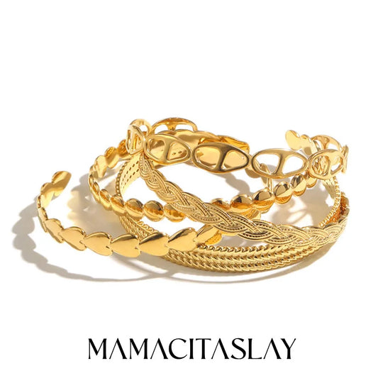 18K Gold Plated 316L Stainless Steel Pig Nose Buckle Heart Opening Adjustable Bangles Fashion Waterproof Bracelets for Women