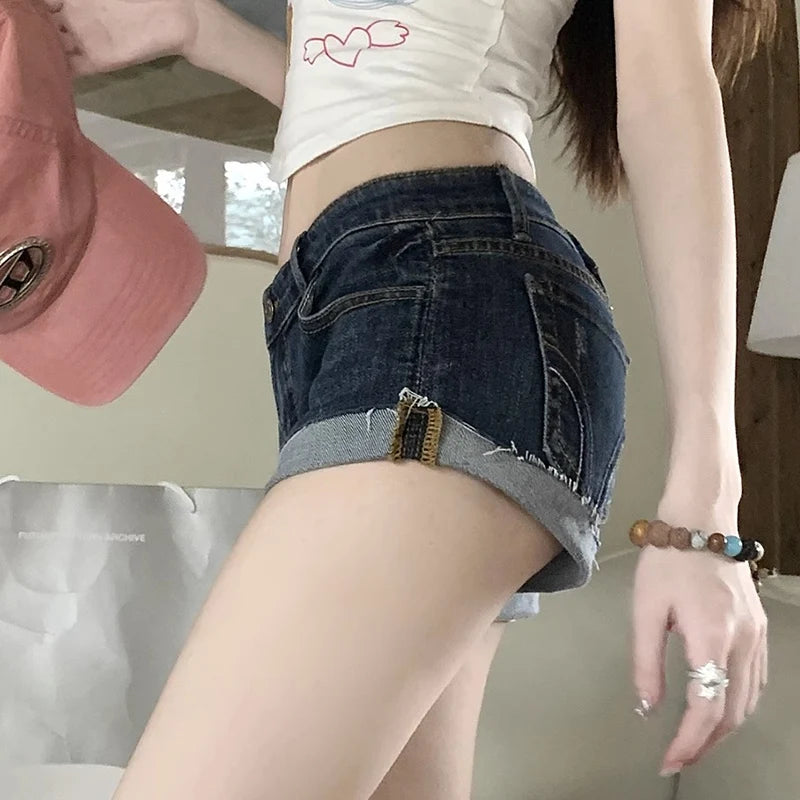 Women Summer Chic Sexy Denim Shorts Pants Lady Designer Low Waist Slim Fit Hot Pants Female Fashion Deep Blue Hip Wrapping Jeans
