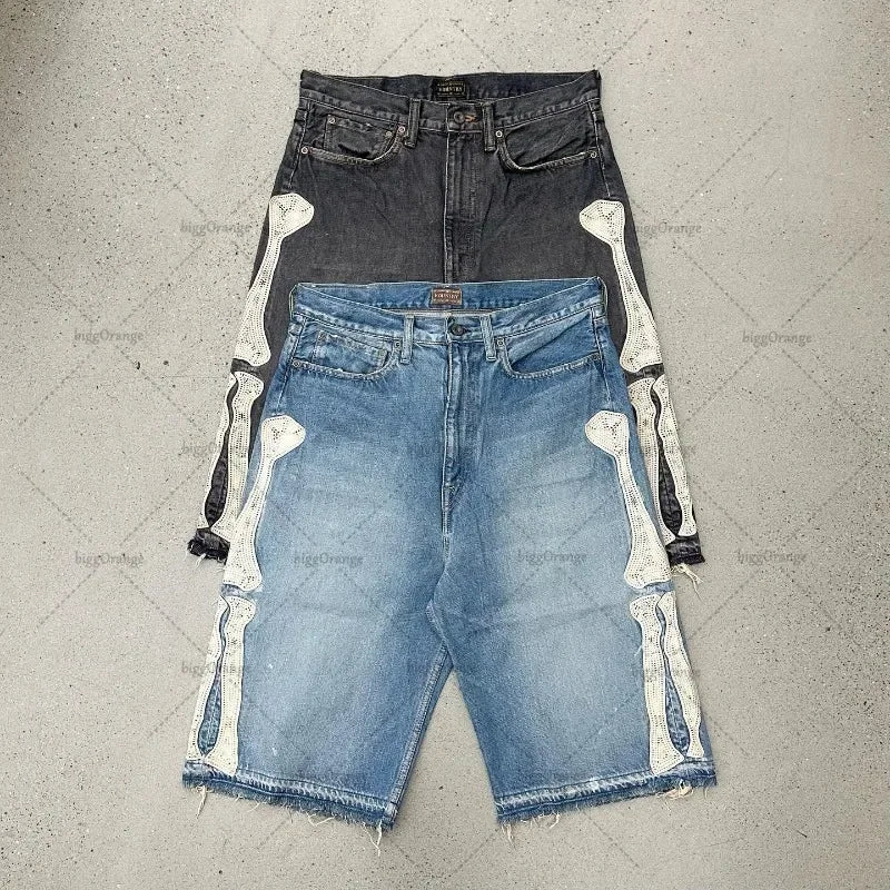 Y2k High Street Hip Hop Rock Fashion Shorts Men Skull Embroidered Oversized Denim Shorts High Waist Loose Casual Pants Women