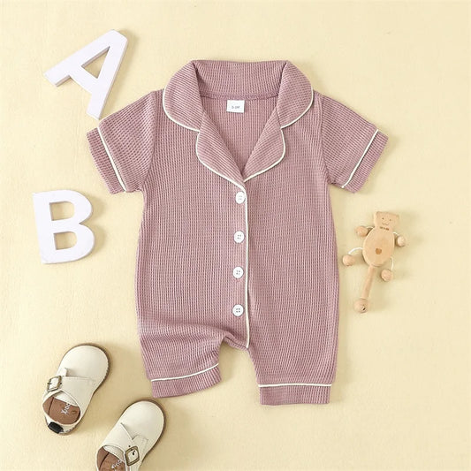 0-24months Baby Romper Pajama Lapel Neck Short Sleeve Trim Button Down Waffle Jumpsuit Infant Toddler Boys And Girls Sleepwear