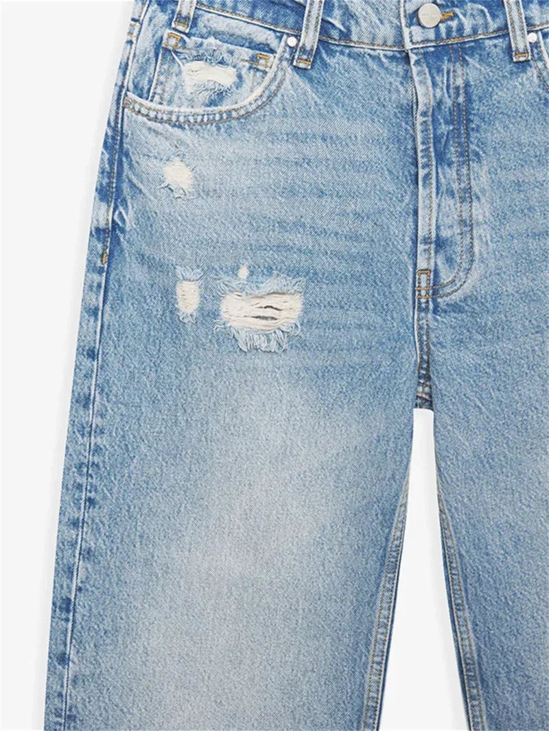 Women's Light Blue Versatile Hole Jeans Spring Summer New Ladies High-Waisted Fringe Straight Denim Pants