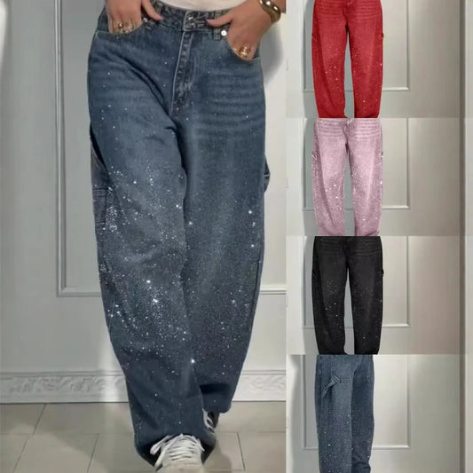 Mom Jeans Women Denim Pant Wide Leg Long Pants Hot Drilling High Waist Straight Trousers Y2k Streetwear Casual Punk Loose