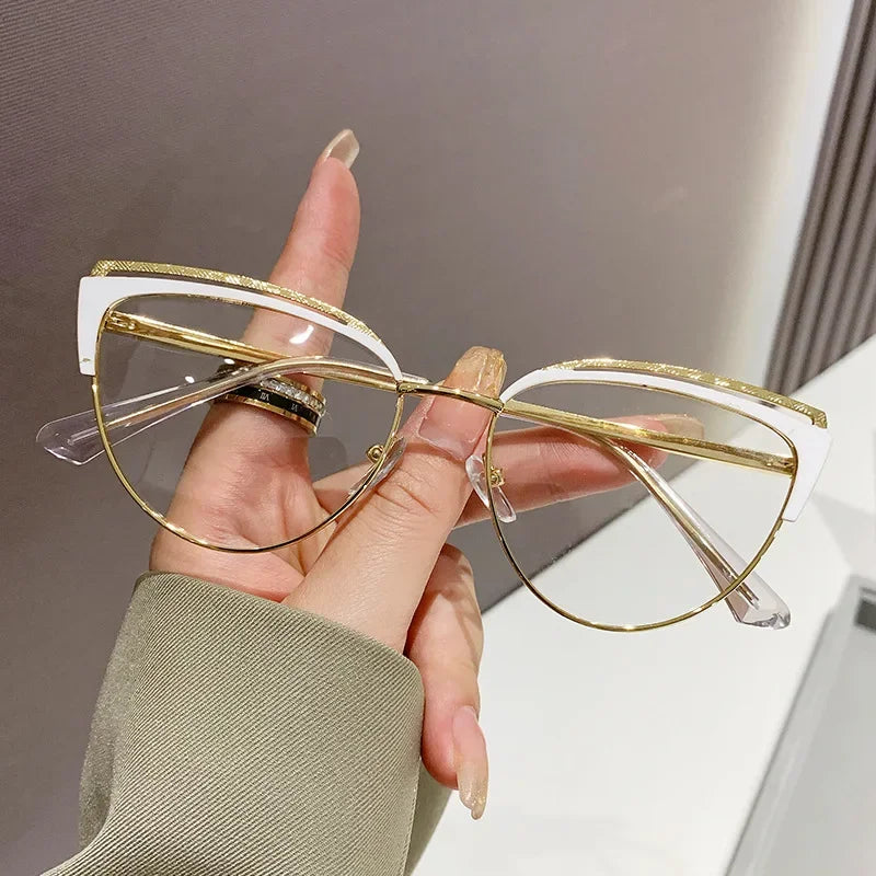 Fashionable New Cat-eye Plain Glasses Frame Women's Metal Hollowed Out Optical Spectacle Eyeglass Anti-blue Light Glasses