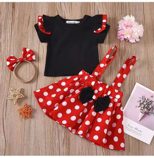 2-Piece Summer New Girls' Suspenders Bow-tie Polka Dot Dress Small Flying Sleeve Polka Dot Pure Black Blouse + Suspenders Skirt
