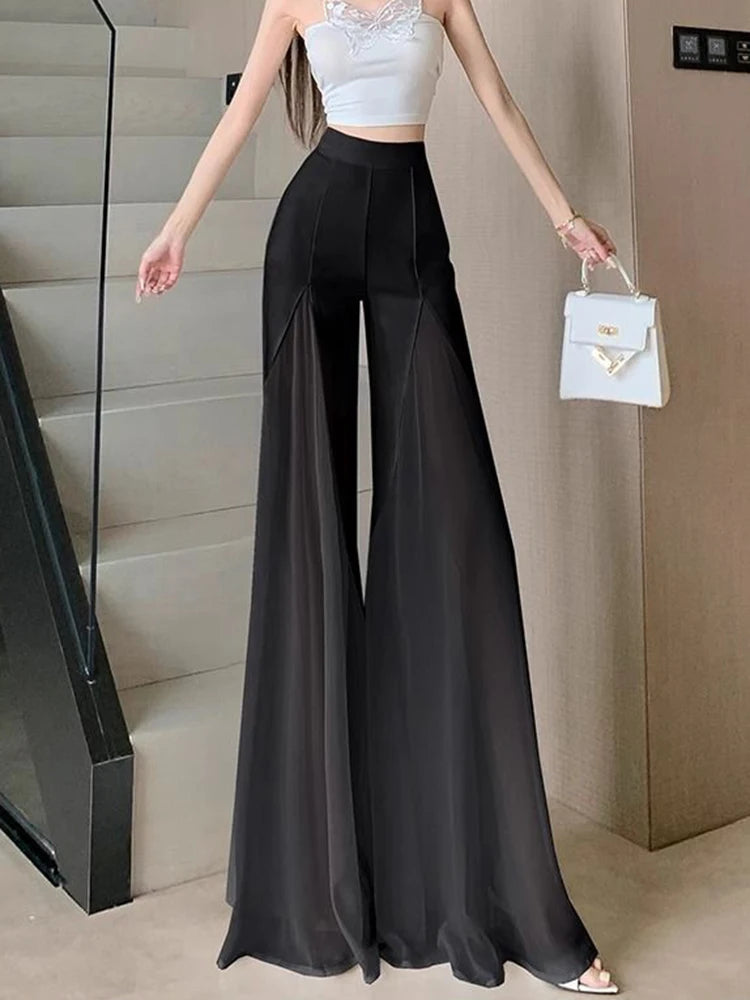 Zoki Chic Mesh Patchwork Flare Pant Women Casual Fashion Loose High Waist White Trousers Elegant Design Lady Summer Sweet Pants