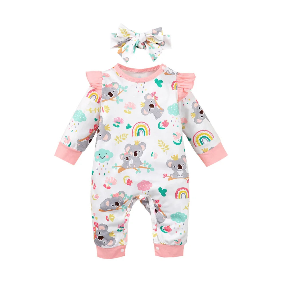 0-12 Months Newborn Baby Girl Clothes Long Sleeves Cute Cartoon Bodysuit with Headband 2PCS Infant Romper Toddler Girl Jumpsuit
