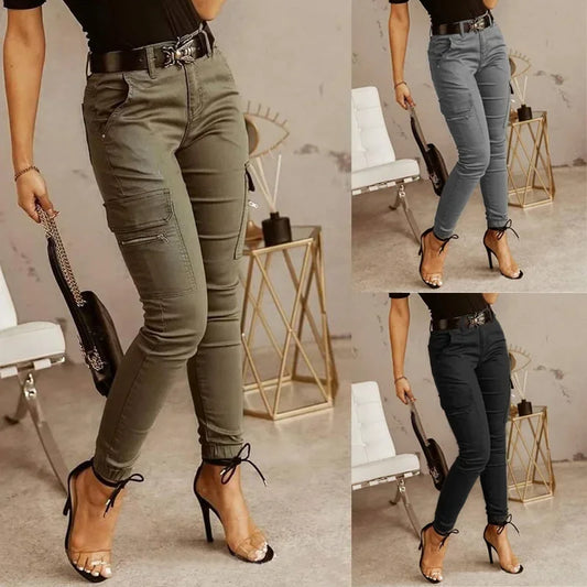 Pockets Small Feet Slim Fit Trousers Women Streetwear Cargo Pants Women Low Waist Button Solid Color