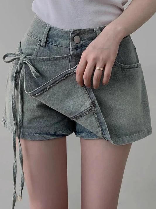 DFCF 2025 Spring Summe Jeans Streetwear Vintage Irregular Laced Up short Jeans Women Y2k Korean Fashion High Waist Straight Pant
