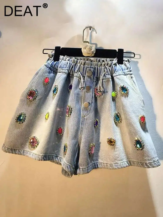 DEAT Women's Denim Shorts Colored Big Diamonds Drawstring Elstic Waist Wide Leg Short Pants 2025 Summer New Fashion 29L1544