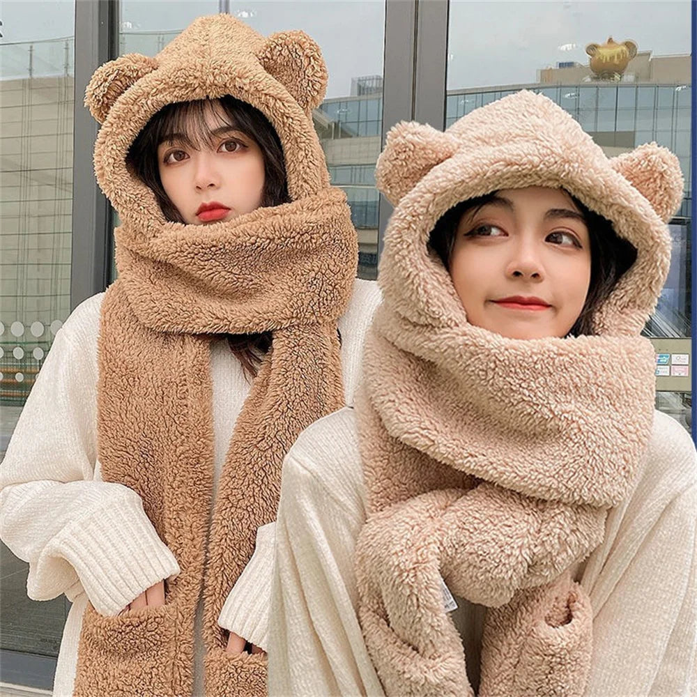 Winter Lamb Wool 3-In-1 Cute Bear Ear Hat Scarf Gloves Set Women Caps Warm Casual Plush Neck Hats Casual Fleece Girls Beanies