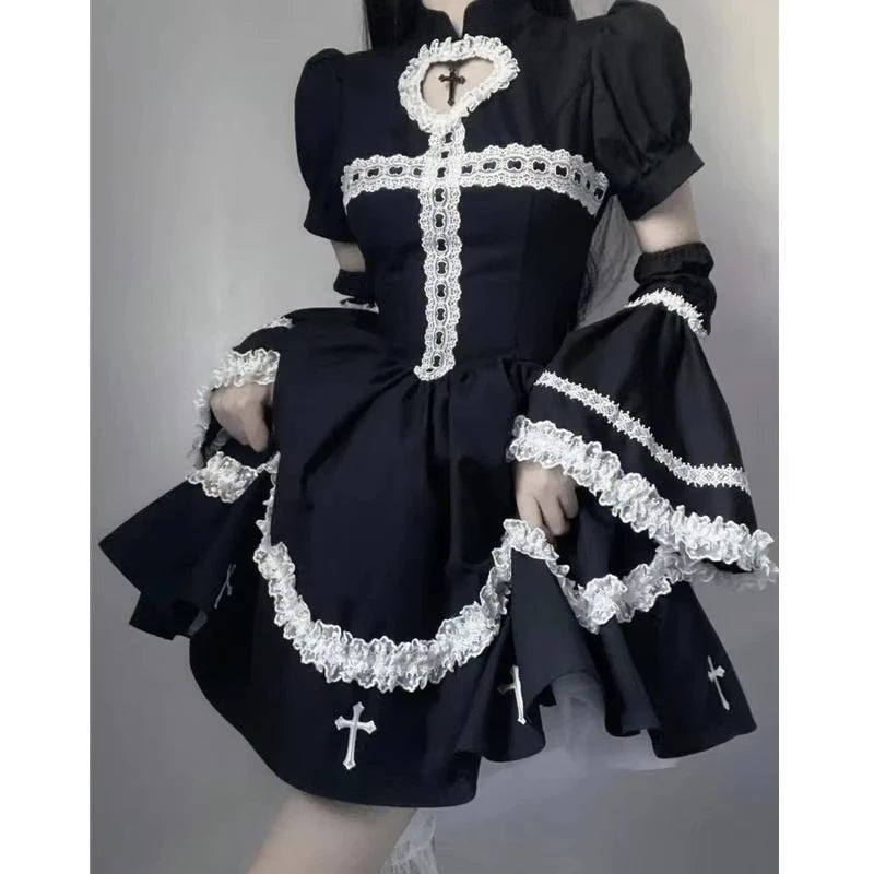 Y2K Black Mini Dress Women Harajuku Gothic Cross Ruffles Dresses Japanese Kawaii Lolita Lace Puff Short Sleeve Bodycon Vestidos