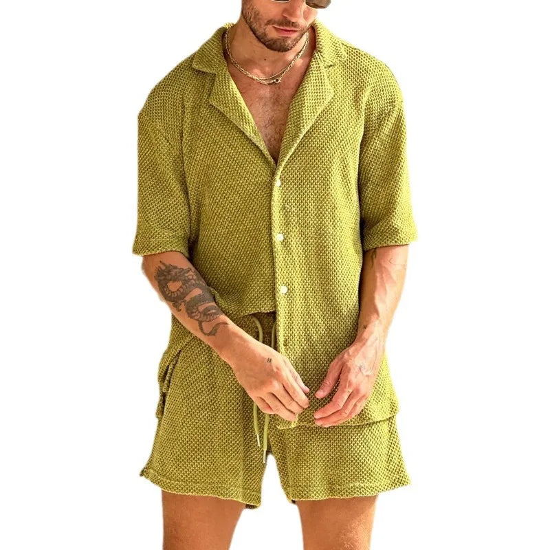 2024 Men's Summer New Style Casual Suit, Slim Fit, Lapel Short-sleeved Button-down Shirt Tops, Drawstring Short-sleeved Set