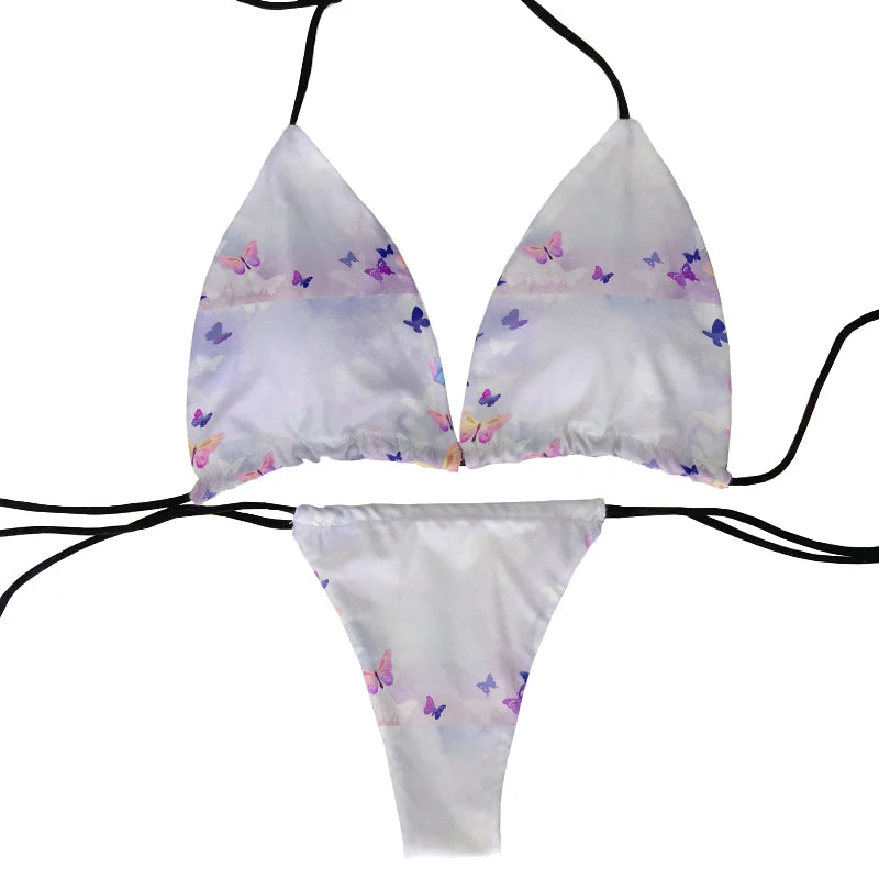 Funny colorful butterfly pattern bikini set swimsuit beach surfing vacation ladies deep V butterfly print bikini fashion gift