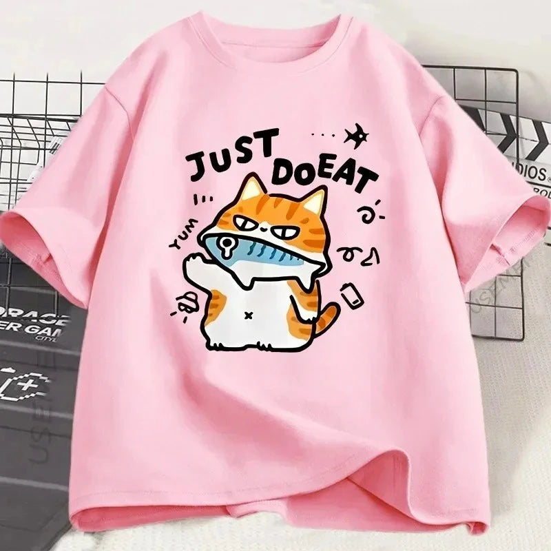 Funny Cat Eat Fish T-shirt for Women Summer Tops Tshirts O-neck Women Clothing Streetwear Short Sleeve Fashion Street Clothes