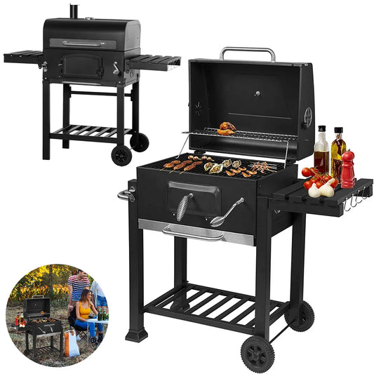 BBQ Grill with Wheels Camping Outdoor Barbecue BBQ Grill for Picnic Multi-function Barbecue Stove With shelf and thermometer