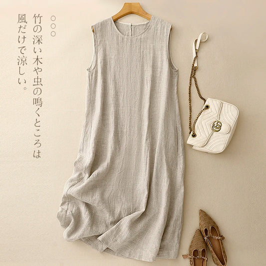 Cotton linen sleeveless round neck undershirt dress female summer new Japanese literary loose simple temperament casual dresses