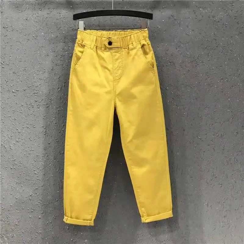 New Spring Summer Women Casual Harem Pants All-matched Casual Cotton Denim Pants Elastic Waist Solid Yellow White Jeans Female