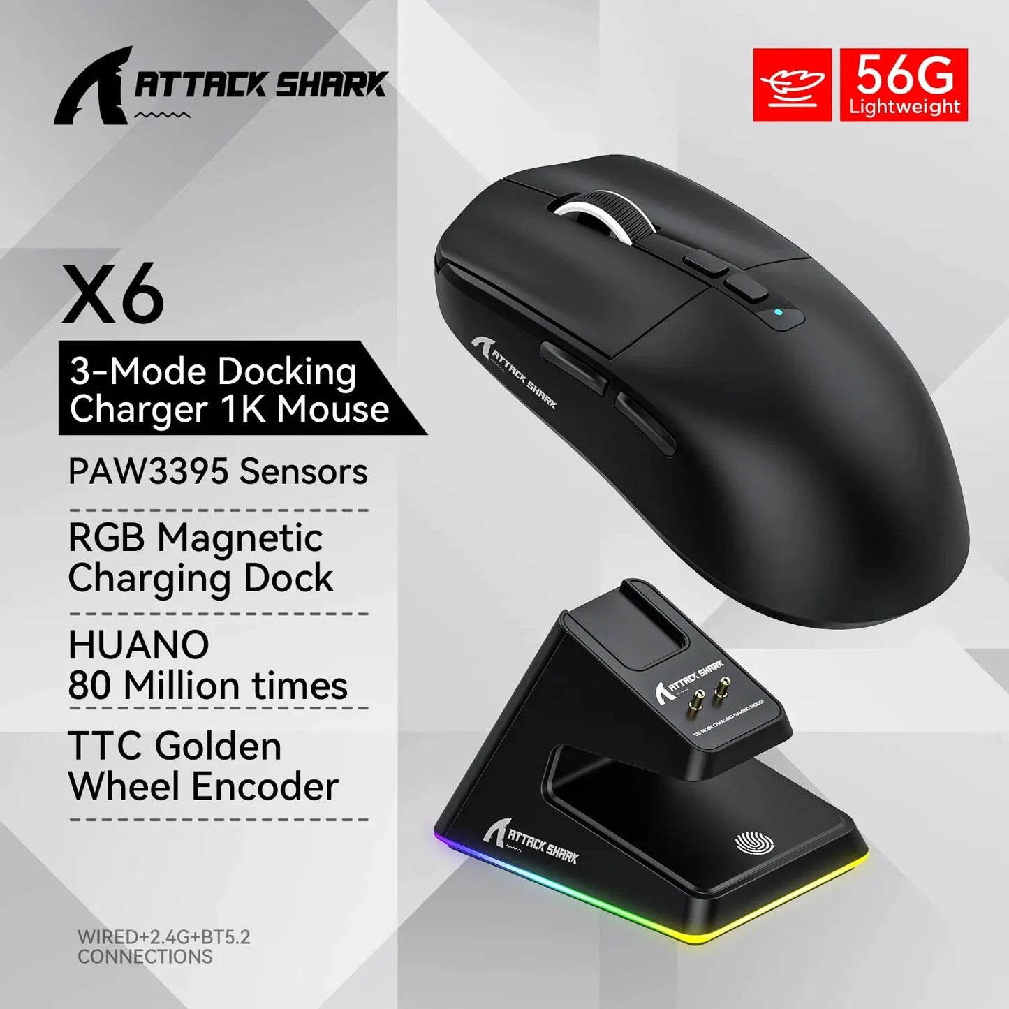 Șoarece de gaming wireless X6 ușor cu 3 moduri de încărcare cu fir 2.4G BT5.2 până la 26K DPI RGB Backlight pentru laptop desktop