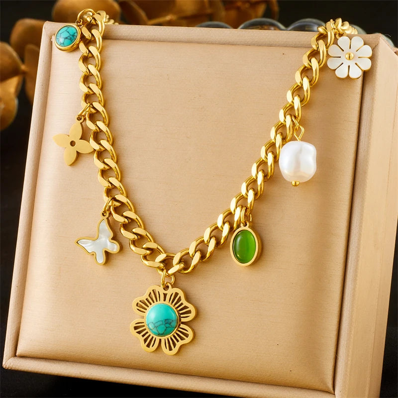 LAMENGLY316l Stainless Steel Butterfly Turquoise Flower Necklace For Woman Girl 2024 New Trend Non-Fading Cuban Chain Party Gift