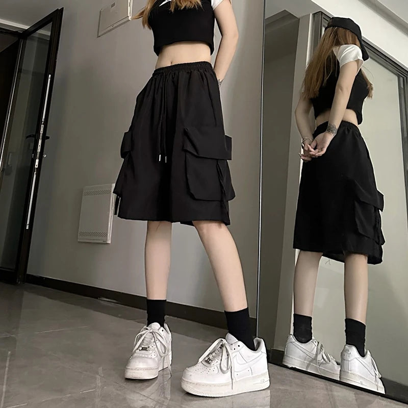 Gidyq Women High Waist Cargo Shorts American Style Streetwear Summer Wide Leg Pants Fashion Female Big Pocket Loose Shorts New