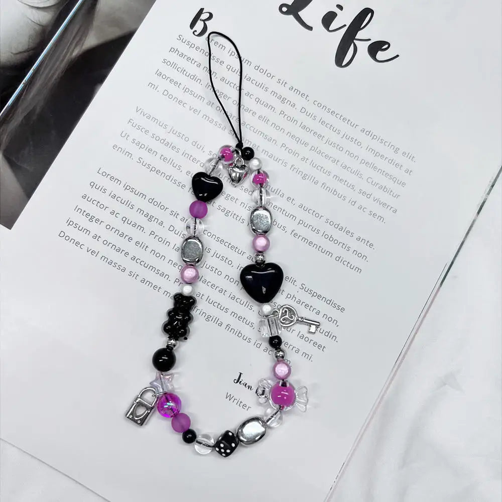 Bowknot Beaded Mobile Phone Chain Charm Acrylic Heart Beaded Pendant Phone Hanging Lanyard Strap Women Girls Sweet Accessories