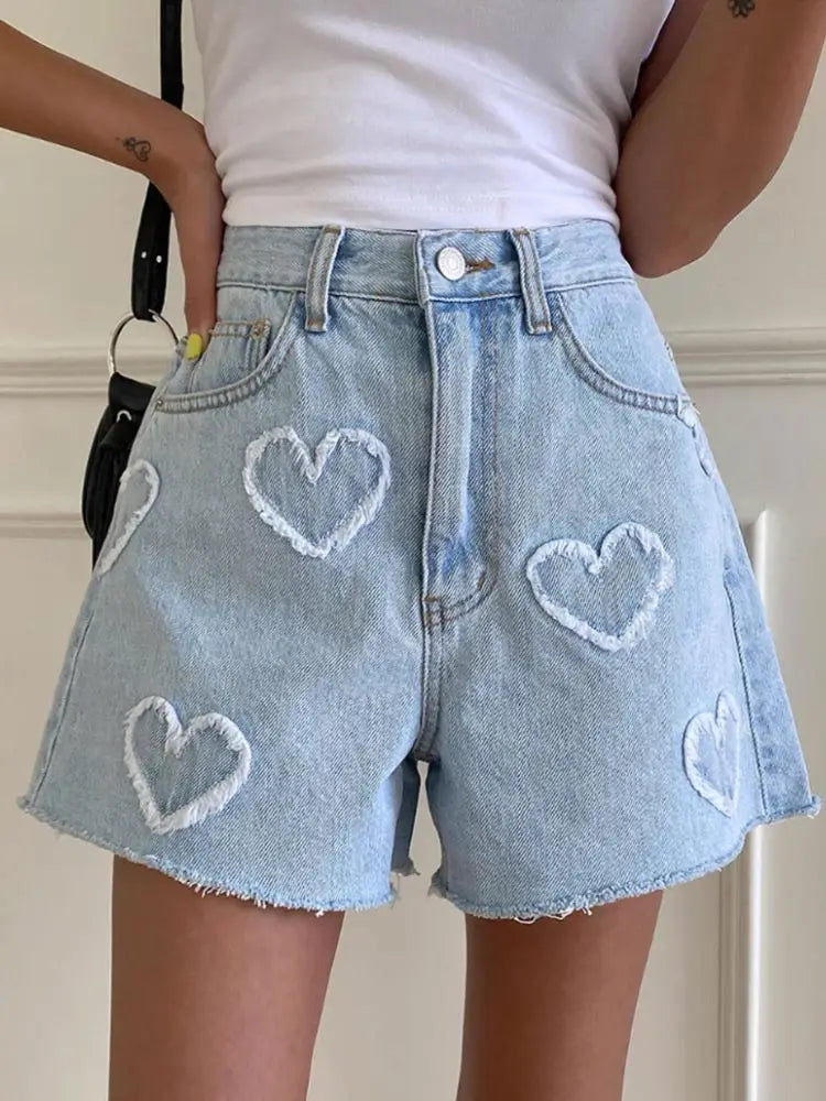 Women's Jeans Shorts Blue Cute Raw Edge Heart Pattern High Waist Fashion Denim Hot Pants Y2k Summer Casual Clothing