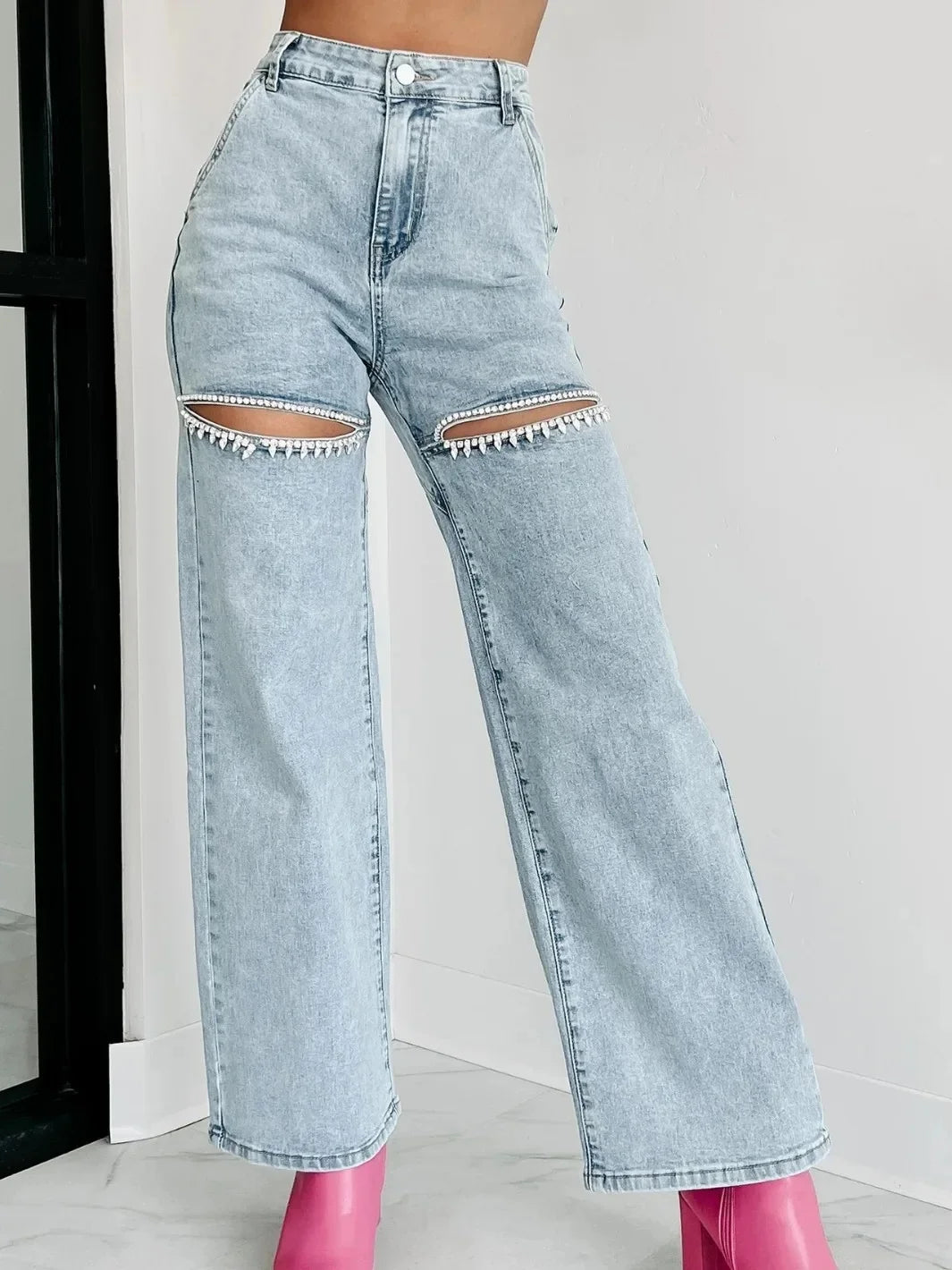 Fashionable Casual Women's Jeans Hole Design Straight Leg Spring Summer 2024 Cross-Border Independent Station Wish