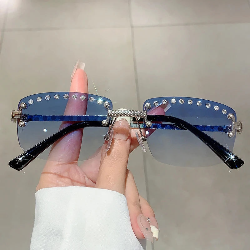 KAMMPT Rimless Sunglasses with Rhinestones 2024 New Fashion Gradient Ocean Lenses Eyewear Trendy Vintage Luxury Rectangle Shades