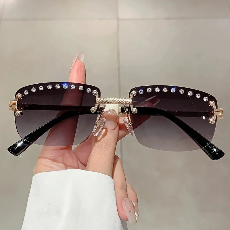 KAMMPT Rimless Sunglasses with Rhinestones 2024 New Fashion Gradient Ocean Lenses Eyewear Trendy Vintage Luxury Rectangle Shades