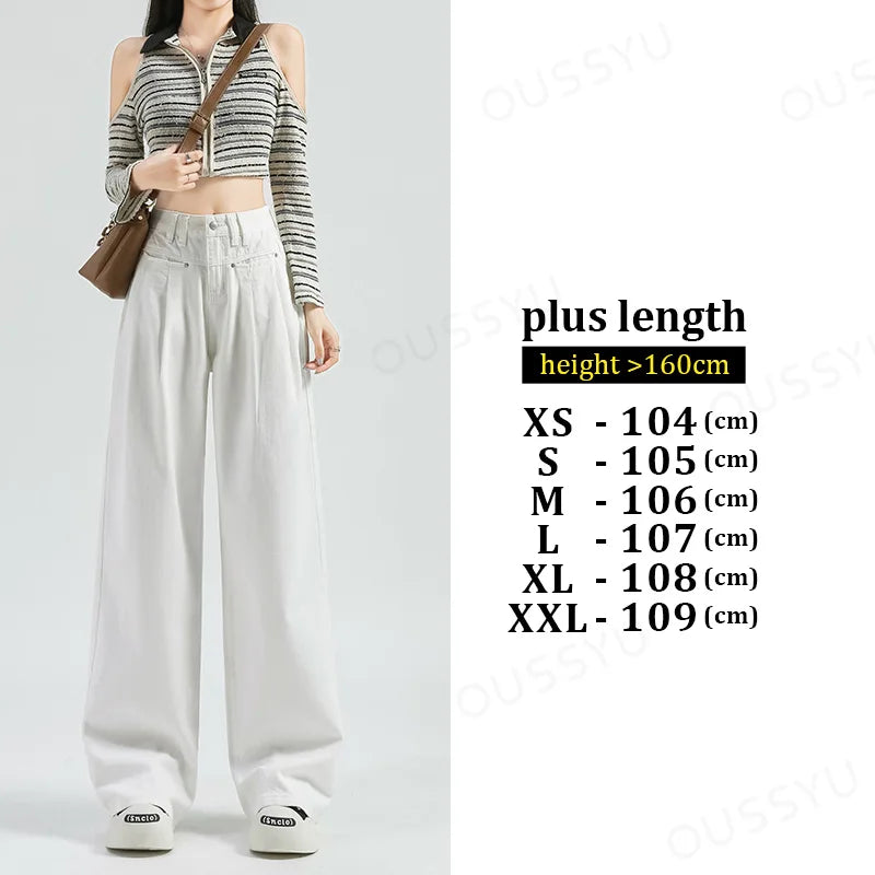 OUSSYU Woman Jeans High Waist Wide Leg Cotton Denim Clothing Loose Straight Pant Fashion Comfort Retro Blue Casual Trousers