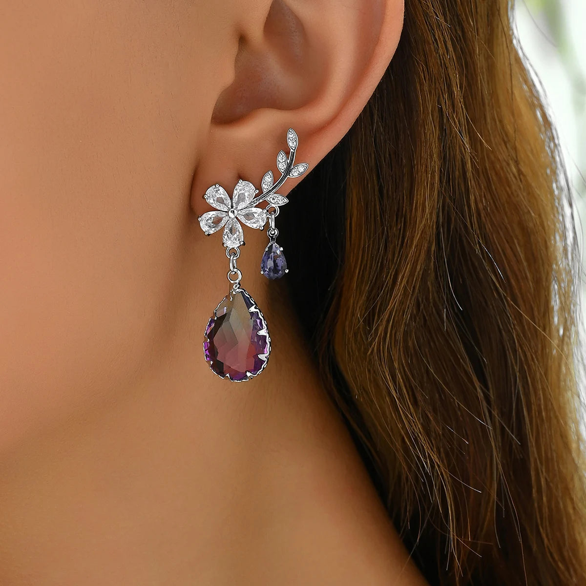 Elegant Flower Water Drop Purple Crystal Zircon Dangle Stud Earrings For Women Fashion Temperament Earrings Luxury Jewelry