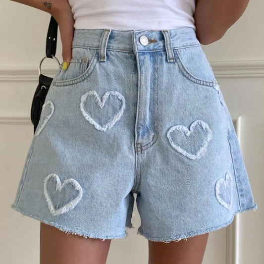 Women's Jeans Shorts Blue Cute Raw Edge Heart Pattern High Waist Fashion Denim Hot Pants Y2k Summer Casual Clothing
