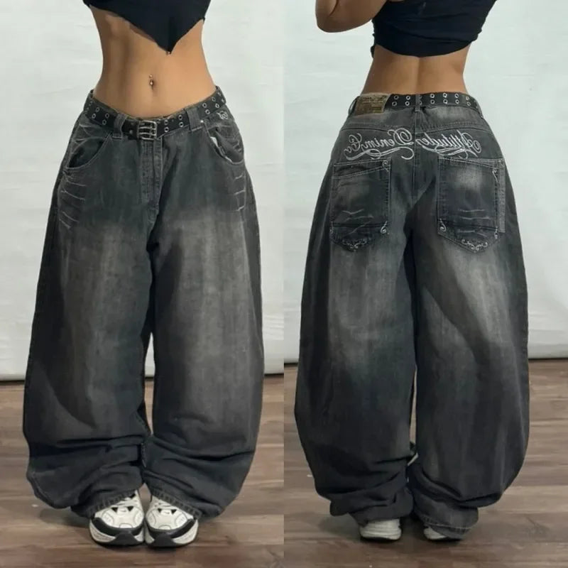 American New Fashion Letter Embroidery Washed Hole Baggy Jeans Men Y2K Streetwear Harajuku Popular High Waist Wide-leg Trousers