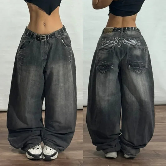 American New Fashion Letter Embroidery Washed Hole Baggy Jeans Men Y2K Streetwear Harajuku Popular High Waist Wide-leg Trousers