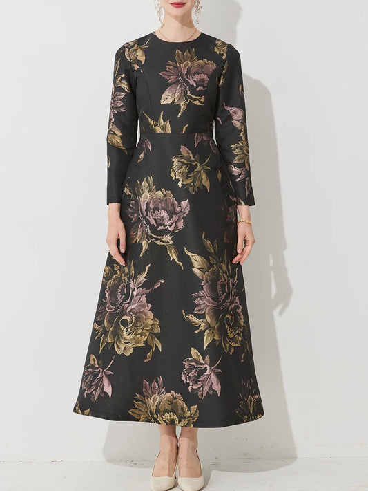 Luxury Women Long Maxi Jacquard Dress Spring Autumn Boho Floral Fashion Clothing Ladies Party Evening Ball Gown