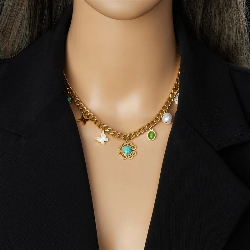 LAMENGLY316l Stainless Steel Butterfly Turquoise Flower Necklace For Woman Girl 2024 New Trend Non-Fading Cuban Chain Party Gift