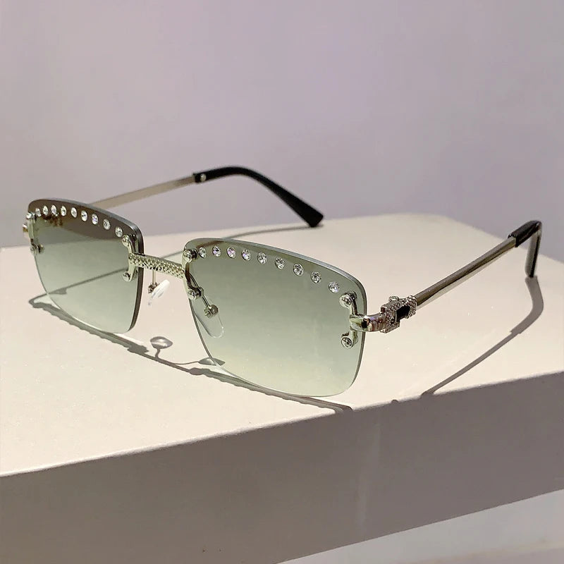 KAMMPT Rimless Sunglasses with Rhinestones 2024 New Fashion Gradient Ocean Lenses Eyewear Trendy Vintage Luxury Rectangle Shades