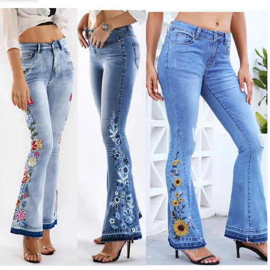 Women's Jeans Embroidered Flower Flared Denim Pants Multiple Styles Flared Jeans For Choose