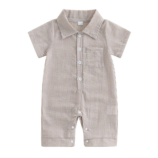 0-18M Newborn Baby Boy Summer Clothes Stripe Short Sleeve Dress Shirt Romper Button Jumpsuit Gentleman Outfit