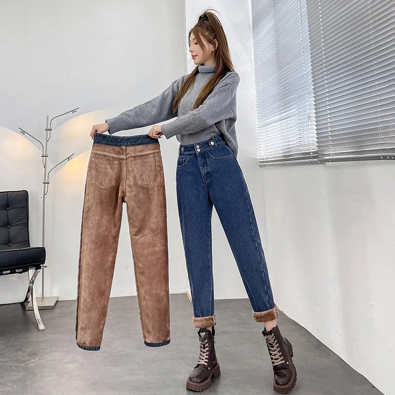 Winter Women's Warm Fleece Jeans High Waist Thick Straight Denim Harem Pants Plus Size Loose Trousers Lady High Waisted Jeans