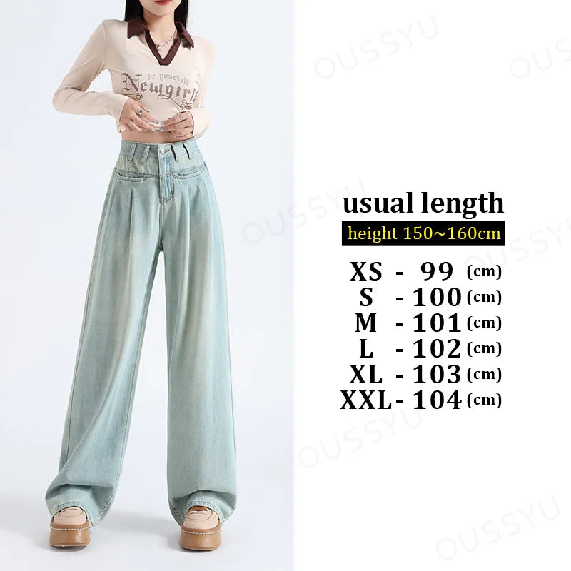OUSSYU Woman Jeans High Waist Wide Leg Cotton Denim Clothing Loose Straight Pant Fashion Comfort Retro Blue Casual Trousers