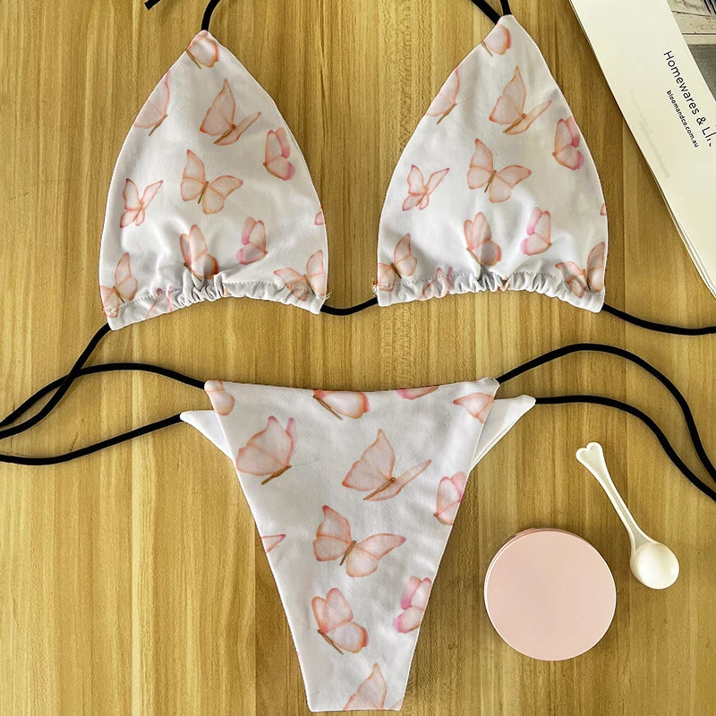 Funny colorful butterfly pattern bikini set swimsuit beach surfing vacation ladies deep V butterfly print bikini fashion gift