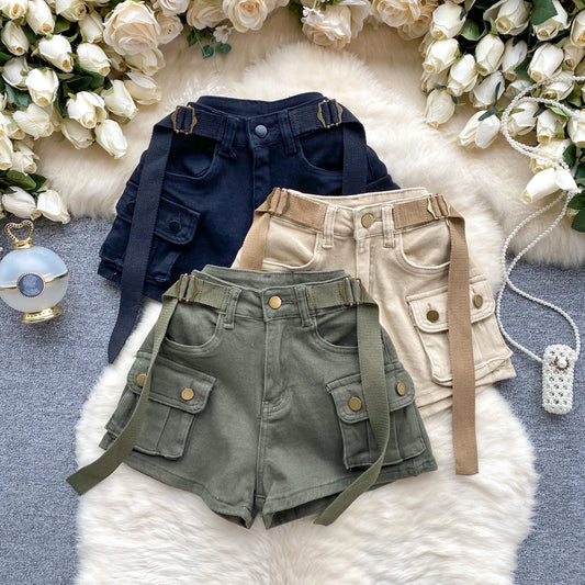 Chic Cargo Shorts Women Pockets Solid Color High Waist Streetwear Womens A-line Hotsweet Korean Style Short Summer Dropshipping