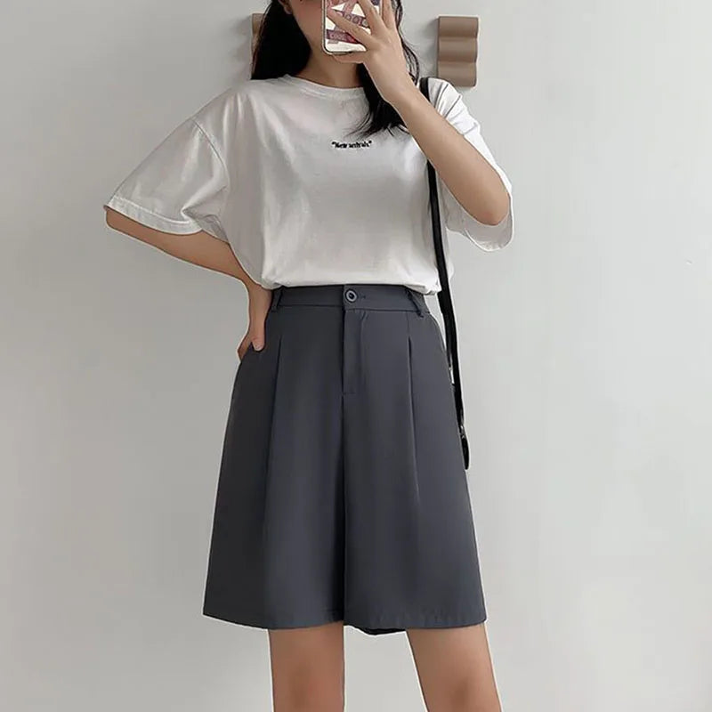 Suit Shorts Women Elastic Waist Loose Japan Casual Fashion Preppy Style Thin Straight  Harajuku Female New
