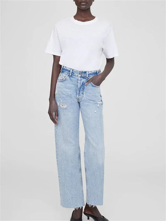 Women's Light Blue Versatile Hole Jeans Spring Summer New Ladies High-Waisted Fringe Straight Denim Pants