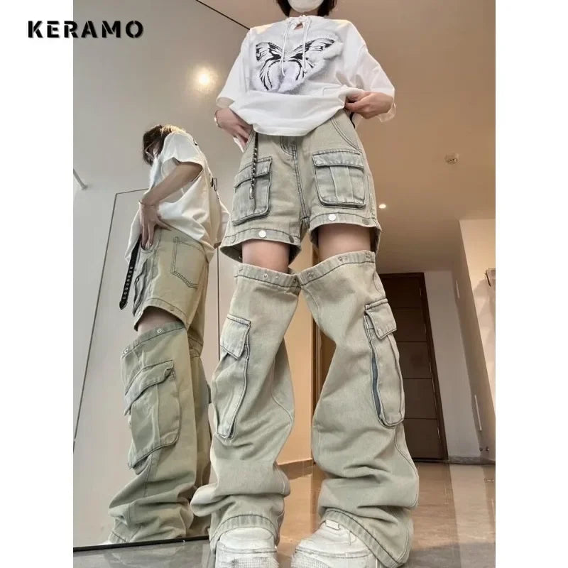 Harajuku Vintage High Waist Loose Jeans Pockets Patchwork Sexy Pants Women's Y2K Wide Leg Baggy High Street Style Denim Trouser