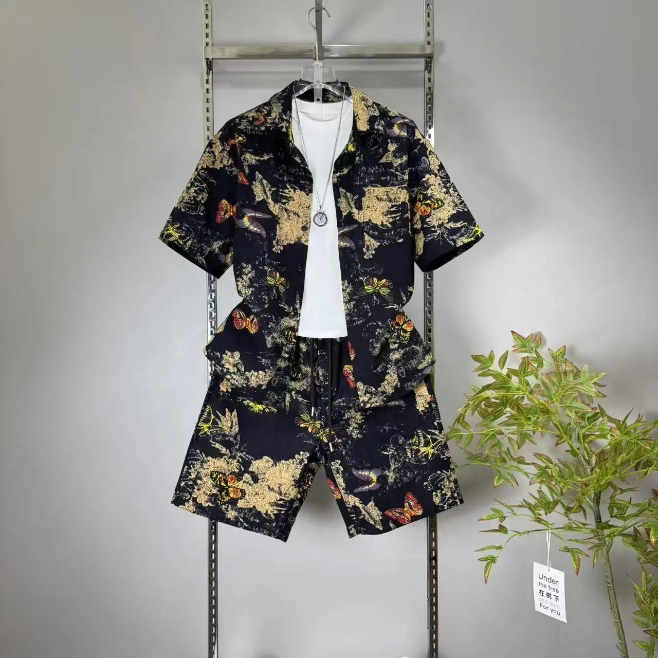 (Shirt + trousers) Summer short sleeve Mens Sets shirt print pattern men's casual elastic waist shirts men Two-piece Suit